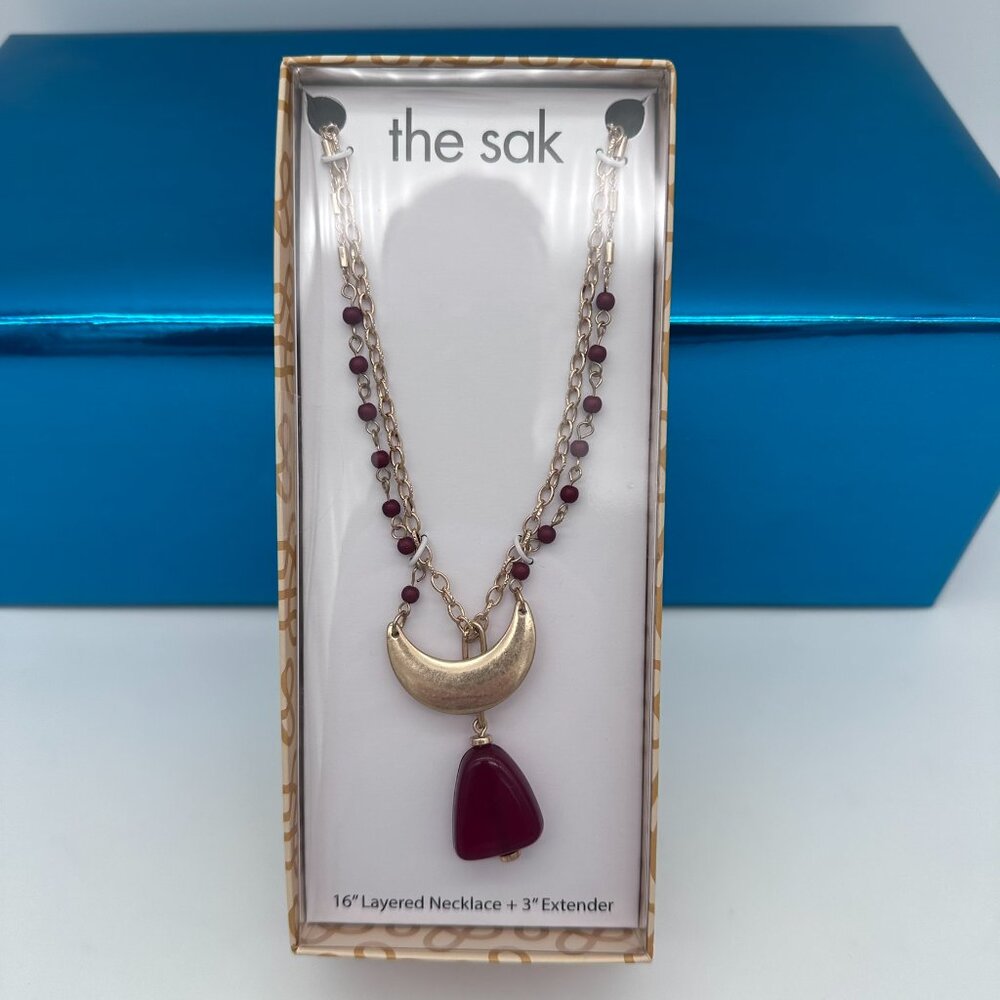 the sak 16"+ Gold Tone Layered Burgundy Pendant Crescent Charm Necklace Gift Box